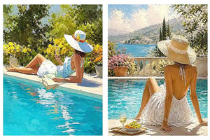 Mediterranean poolside women diptych canvas art for relaxed coastal living room decor.
