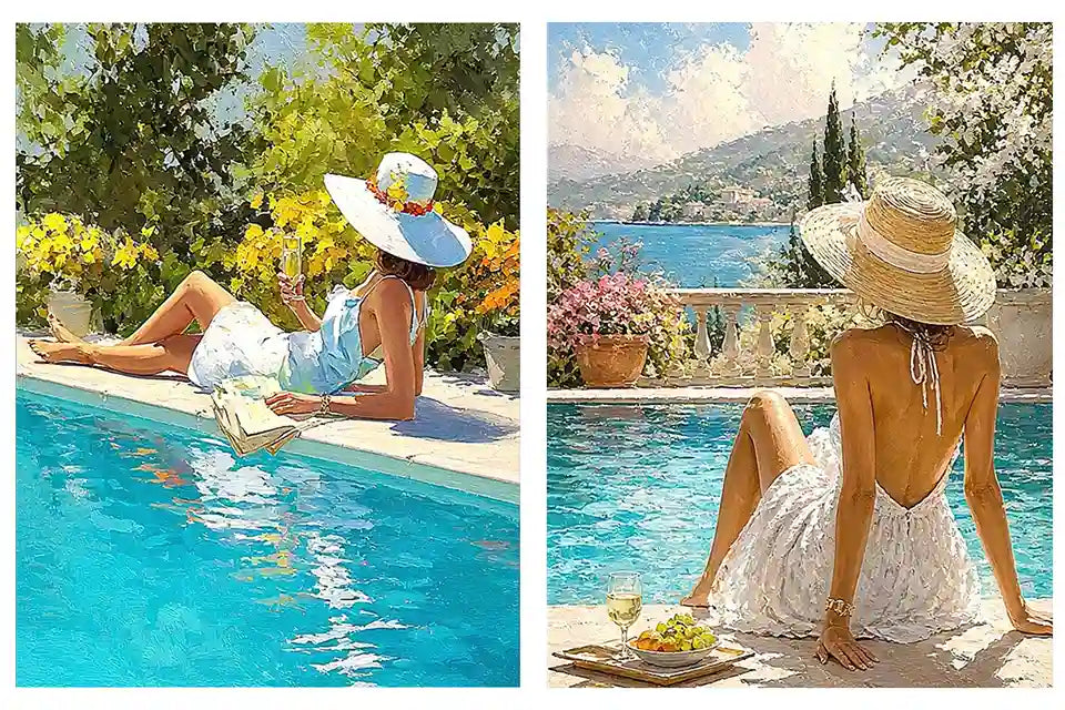 Mediterranean poolside women diptych canvas art for relaxed coastal living room decor.