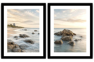 Coastal beach rocks diptych canvas art with soft ocean waves for serene living room decor.