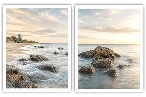 Coastal beach rocks diptych canvas art with soft ocean waves for serene living room decor.