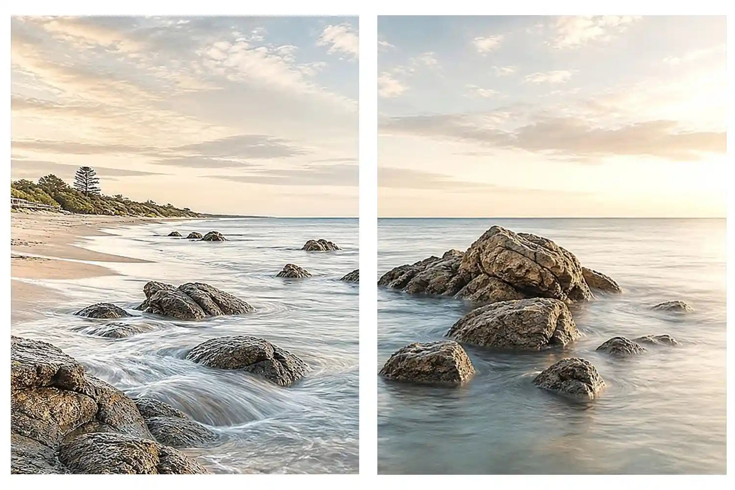 Coastal beach rocks diptych canvas art with soft ocean waves for serene living room decor.