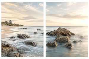 Coastal beach rocks diptych canvas art with soft ocean waves for serene living room decor.