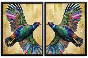 Colorful mirrored bird diptych canvas art with gold accents for luxury living room decor.