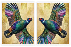 Colorful mirrored bird diptych canvas art with gold accents for luxury living room decor.