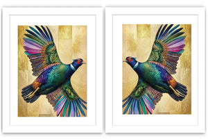 Colorful mirrored bird diptych canvas art with gold accents for luxury living room decor.