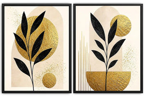 Black and gold botanical diptych canvas art for modern living room decor.