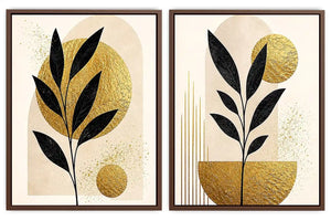 Black and gold botanical diptych canvas art for modern living room decor.