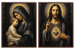 Sacred Jesus and Mary religious canvas art with gold halos for elegant home decor.