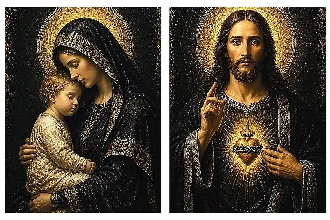 Sacred Jesus and Mary religious canvas art with gold halos for elegant home decor.