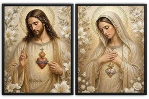 Jesus and Mary floral religious canvas art with gold halos for elegant home decor.