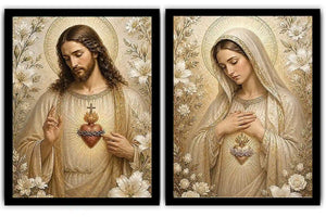 Jesus and Mary floral religious canvas art with gold halos for elegant home decor.