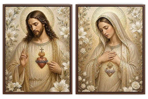 Jesus and Mary floral religious canvas art with gold halos for elegant home decor.