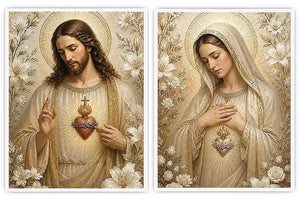 Jesus and Mary floral religious canvas art with gold halos for elegant home decor.