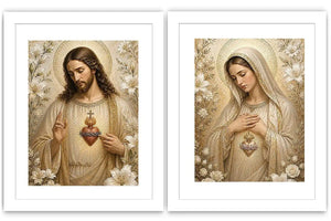 Jesus and Mary floral religious canvas art with gold halos for elegant home decor.