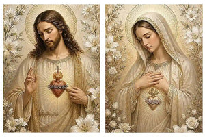 Jesus and Mary floral religious canvas art with gold halos for elegant home decor.