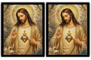 Jesus and Mary floral religious canvas art with gold halos and birds for elegant home decor.