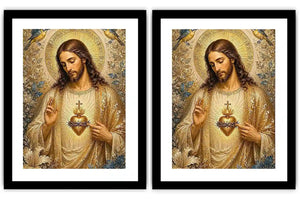 Jesus and Mary floral religious canvas art with gold halos and birds for elegant home decor.