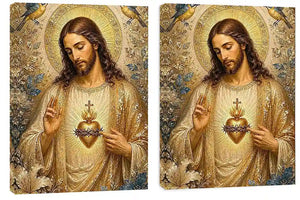 Jesus and Mary floral religious canvas art with gold halos and birds for elegant home decor.