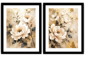 Ivory floral diptych canvas art with gold accents for elegant bedroom decor