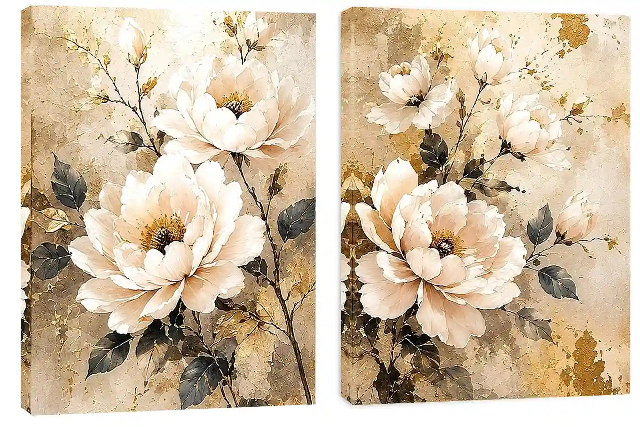 Ivory floral diptych canvas art with gold accents for elegant bedroom decor