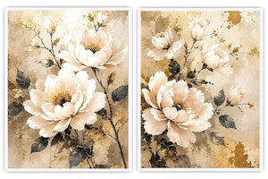 Ivory floral diptych canvas art with gold accents for elegant bedroom decor