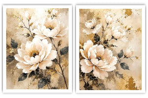 Ivory floral diptych canvas art with gold accents for elegant bedroom decor