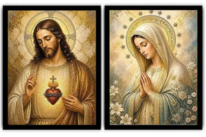 Jesus and Mary religious canvas art with sacred heart, flowers, and gold halos for home decor.
