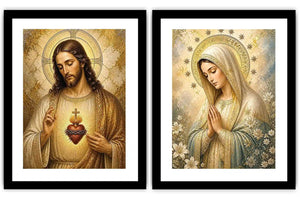 Jesus and Mary religious canvas art with sacred heart, flowers, and gold halos for home decor.