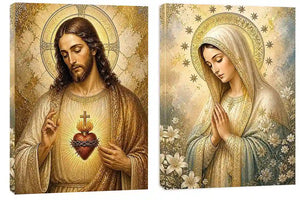 Jesus and Mary religious canvas art with sacred heart, flowers, and gold halos for home decor.