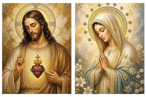 Jesus and Mary religious canvas art with sacred heart, flowers, and gold halos for home decor.