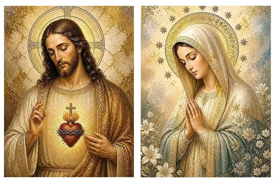 Jesus and Mary religious canvas art with sacred heart, flowers, and gold halos for home decor.