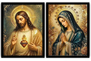 Jesus and Mary religious canvas art with emerald tones, gold halos, and sacred heart detail.