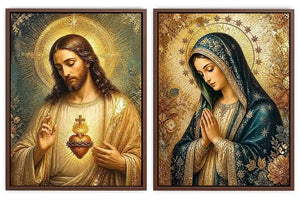 Jesus and Mary religious canvas art with emerald tones, gold halos, and sacred heart detail.