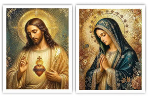 Jesus and Mary religious canvas art with emerald tones, gold halos, and sacred heart detail.