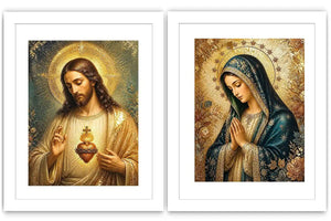 Jesus and Mary religious canvas art with emerald tones, gold halos, and sacred heart detail.