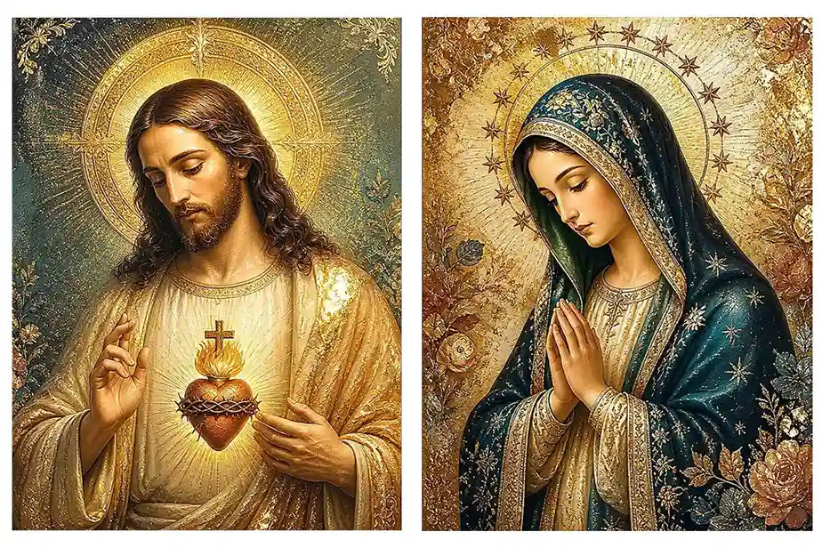 Jesus and Mary religious canvas art with emerald tones, gold halos, and sacred heart detail.