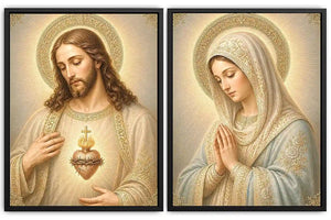 Jesus and Mary religious canvas art with sacred heart, prayer pose, and gold halos.