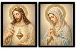 Jesus and Mary religious canvas art with sacred heart, prayer pose, and gold halos.