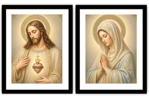 Jesus and Mary religious canvas art with sacred heart, prayer pose, and gold halos.