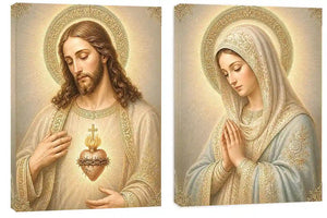 Jesus and Mary religious canvas art with sacred heart, prayer pose, and gold halos.