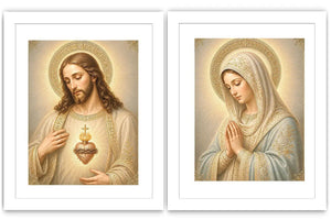 Jesus and Mary religious canvas art with sacred heart, prayer pose, and gold halos.