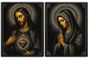 Dark Jesus and Mary religious canvas art with gold halos and sacred heart detail.