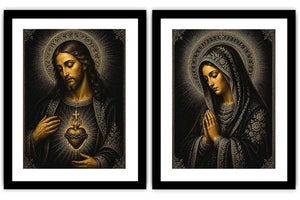 Dark Jesus and Mary religious canvas art with gold halos and sacred heart detail.
