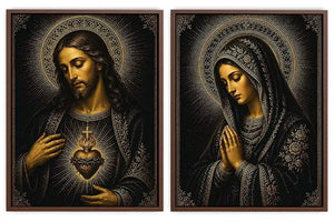 Dark Jesus and Mary religious canvas art with gold halos and sacred heart detail.
