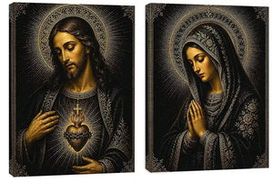 Dark Jesus and Mary religious canvas art with gold halos and sacred heart detail.