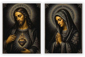 Dark Jesus and Mary religious canvas art with gold halos and sacred heart detail.