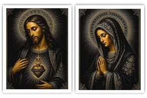Dark Jesus and Mary religious canvas art with gold halos and sacred heart detail.