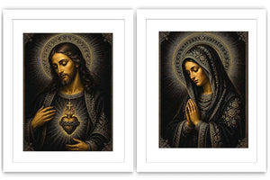 Dark Jesus and Mary religious canvas art with gold halos and sacred heart detail.