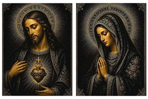 Dark Jesus and Mary religious canvas art with gold halos and sacred heart detail.