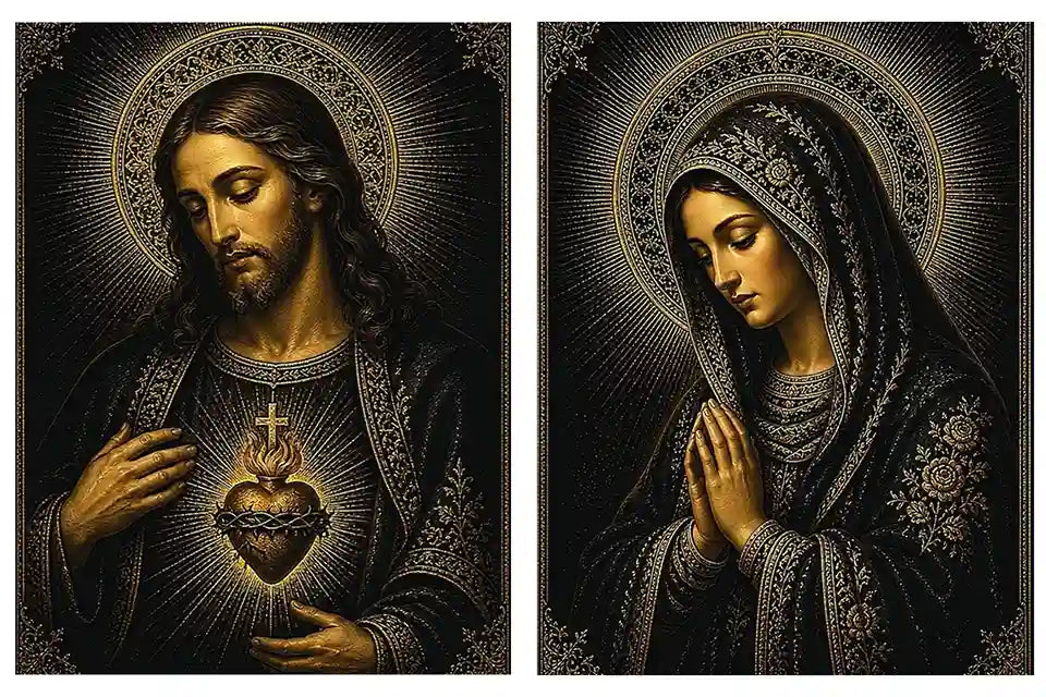 Dark Jesus and Mary religious canvas art with gold halos and sacred heart detail.